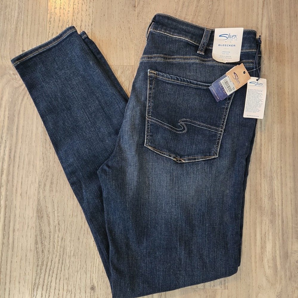 New Silver Jeans Co Bleecker Womens Jegging Mid Rise 34x29 Dark Wash Nwt